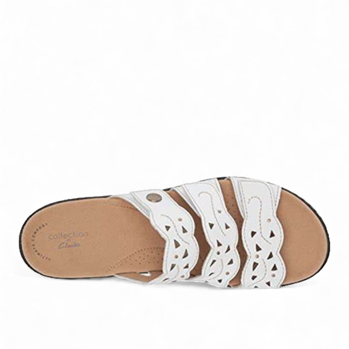 Clarks Laurieann Echo white leather sandals with adjustable velcro straps and cushioned EVA outsole. top view.
