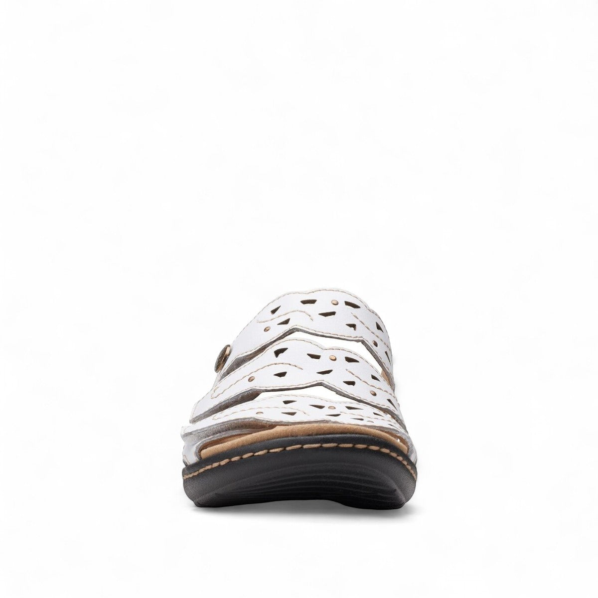 Clarks Laurieann Echo white leather sandals with adjustable velcro straps and cushioned EVA outsole. front view.