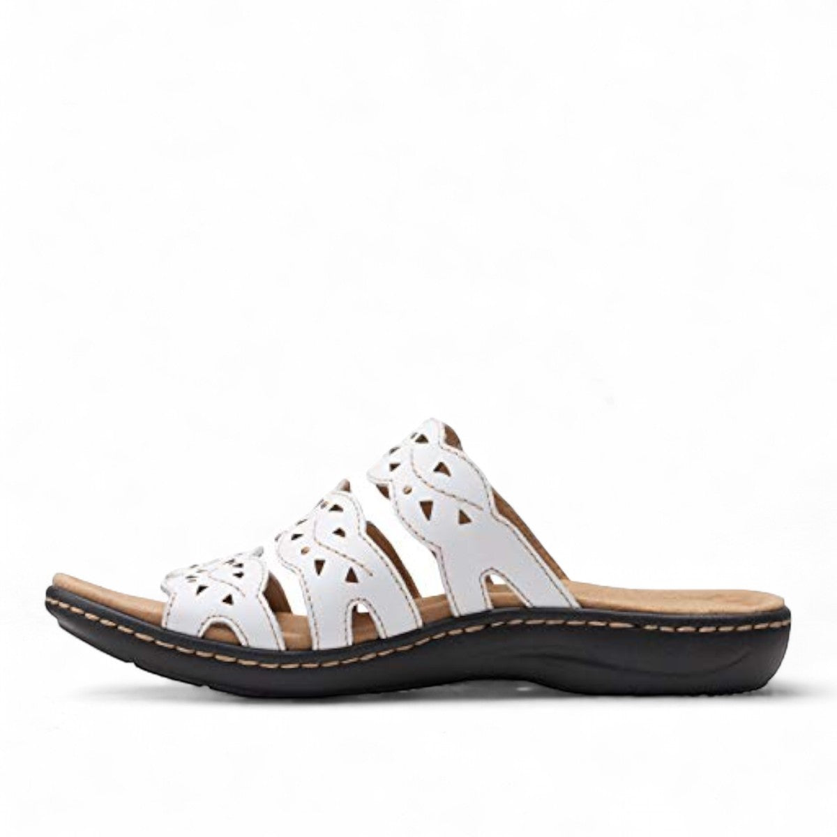 Clarks Laurieann Echo white leather sandals with adjustable velcro straps and cushioned EVA outsole.  left view.