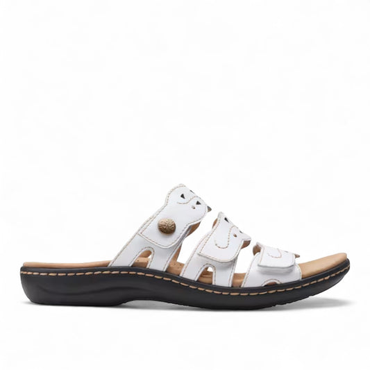 Clarks Laurieann Echo white leather sandals with adjustable velcro straps and cushioned EVA outsole. right view.