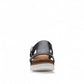 Clarks Lizby Ease black leather slide sandals with adjustable buckle and cork-effect wedge platform sole. front view.
