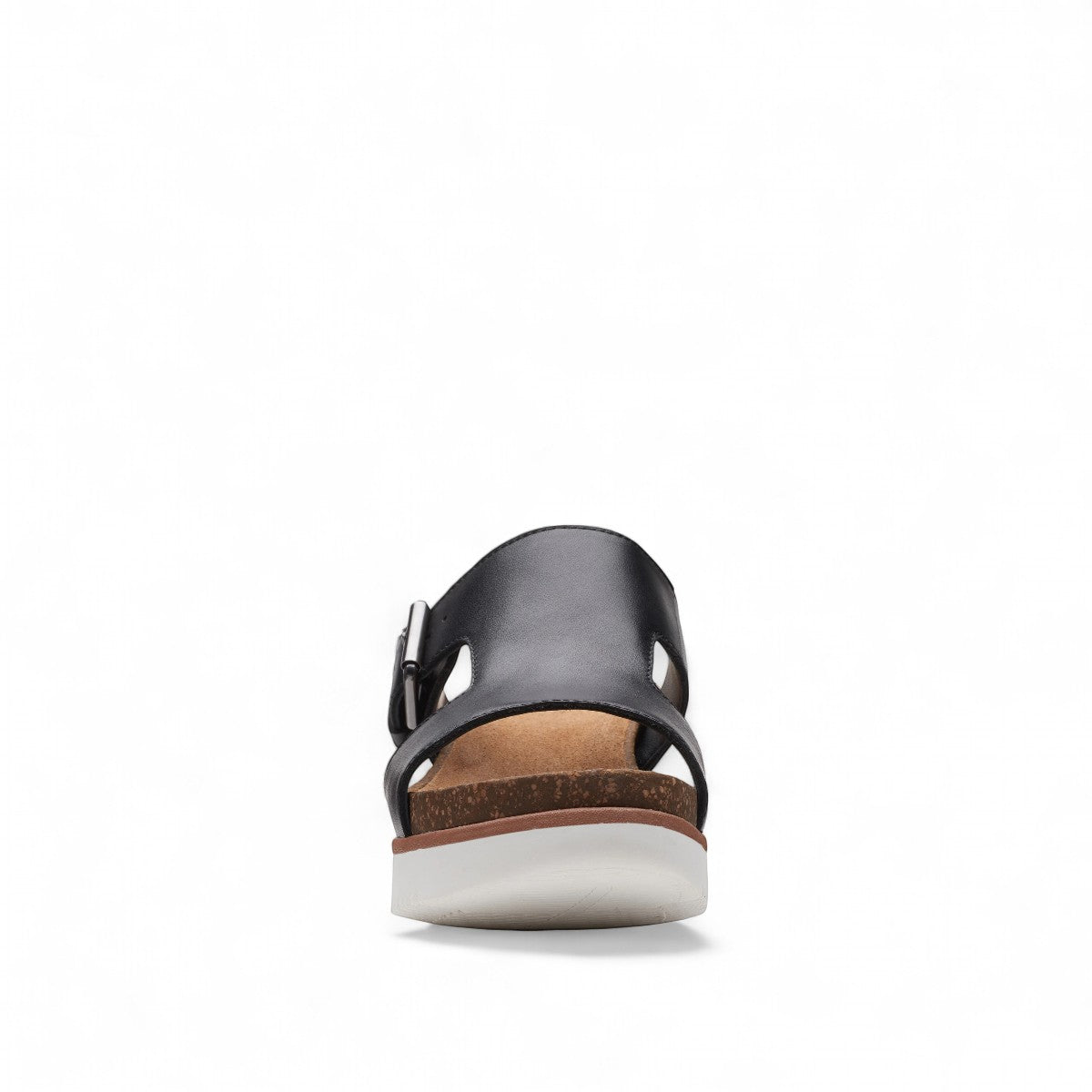 Clarks Lizby Ease black leather slide sandals with adjustable buckle and cork-effect wedge platform sole. front view.