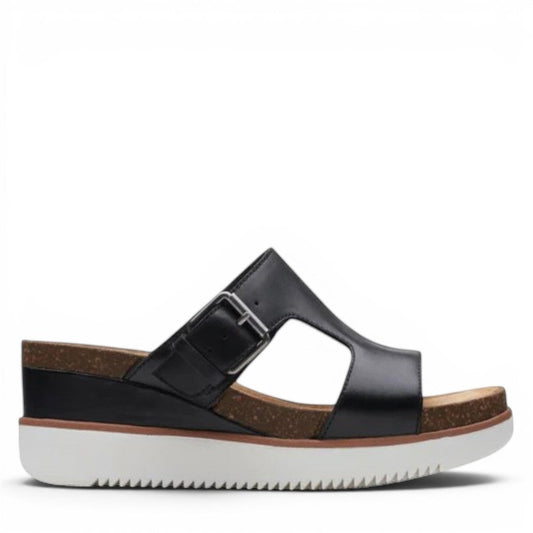 Clarks Lizby Ease black leather slide sandals with adjustable buckle and cork-effect wedge platform sole. right view.