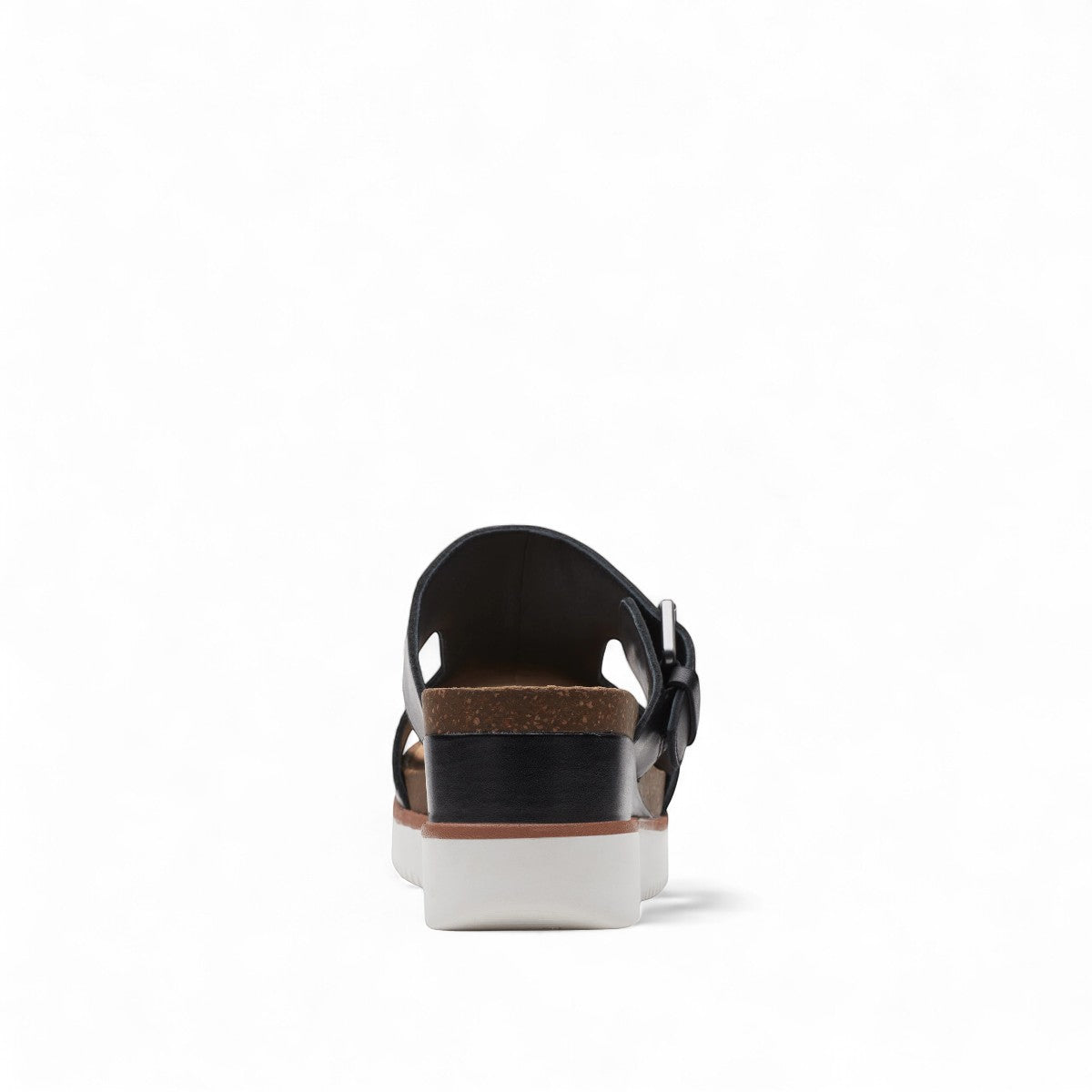 Clarks Lizby Ease black leather slide sandals with adjustable buckle and cork-effect wedge platform sole. back view.