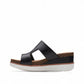 Clarks Lizby Ease black leather slide sandals with adjustable buckle and cork-effect wedge platform sole. left view.