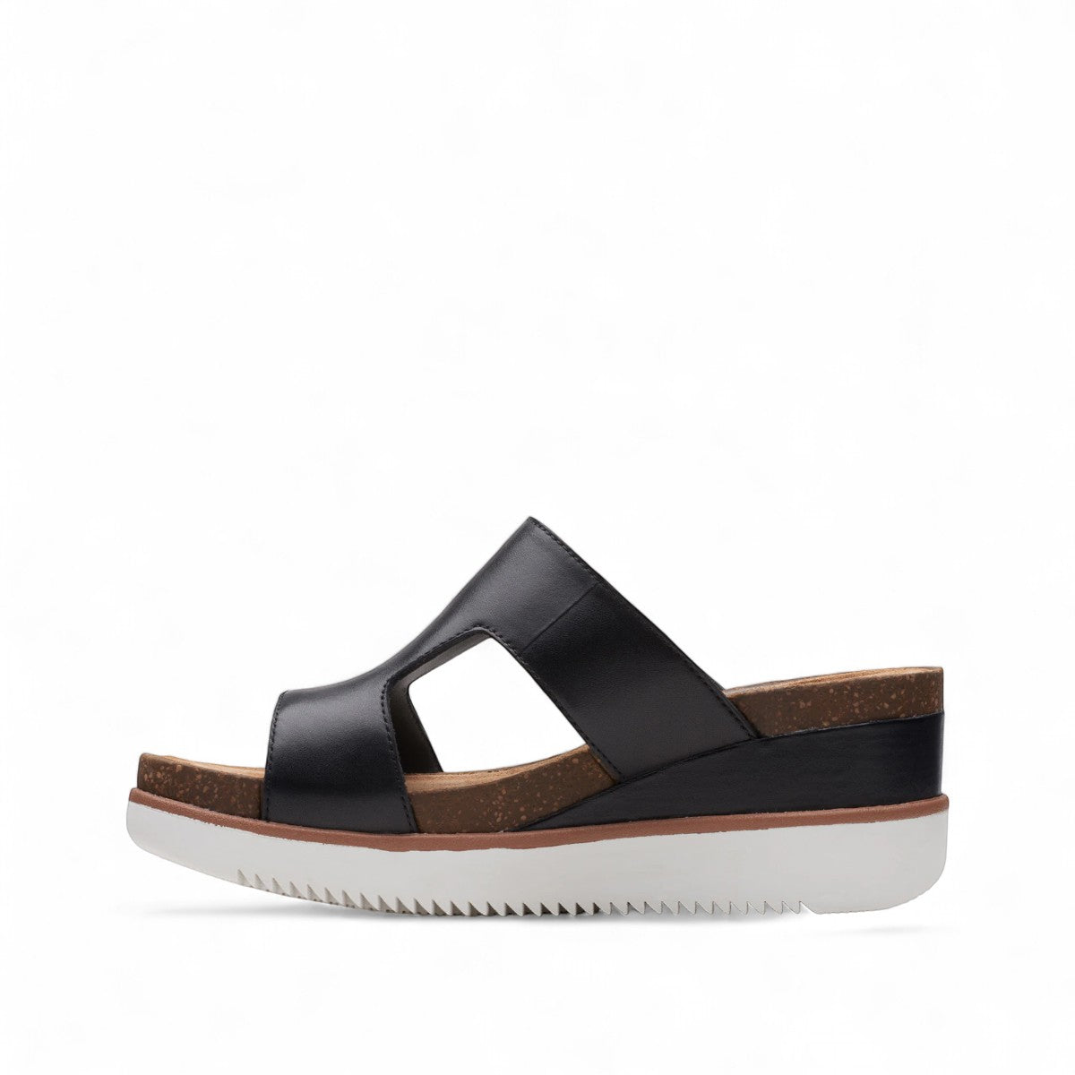 Clarks Lizby Ease black leather slide sandals with adjustable buckle and cork-effect wedge platform sole. left view.