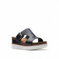 Clarks Lizby Ease black leather slide sandals with adjustable buckle and cork-effect wedge platform sole. right view.