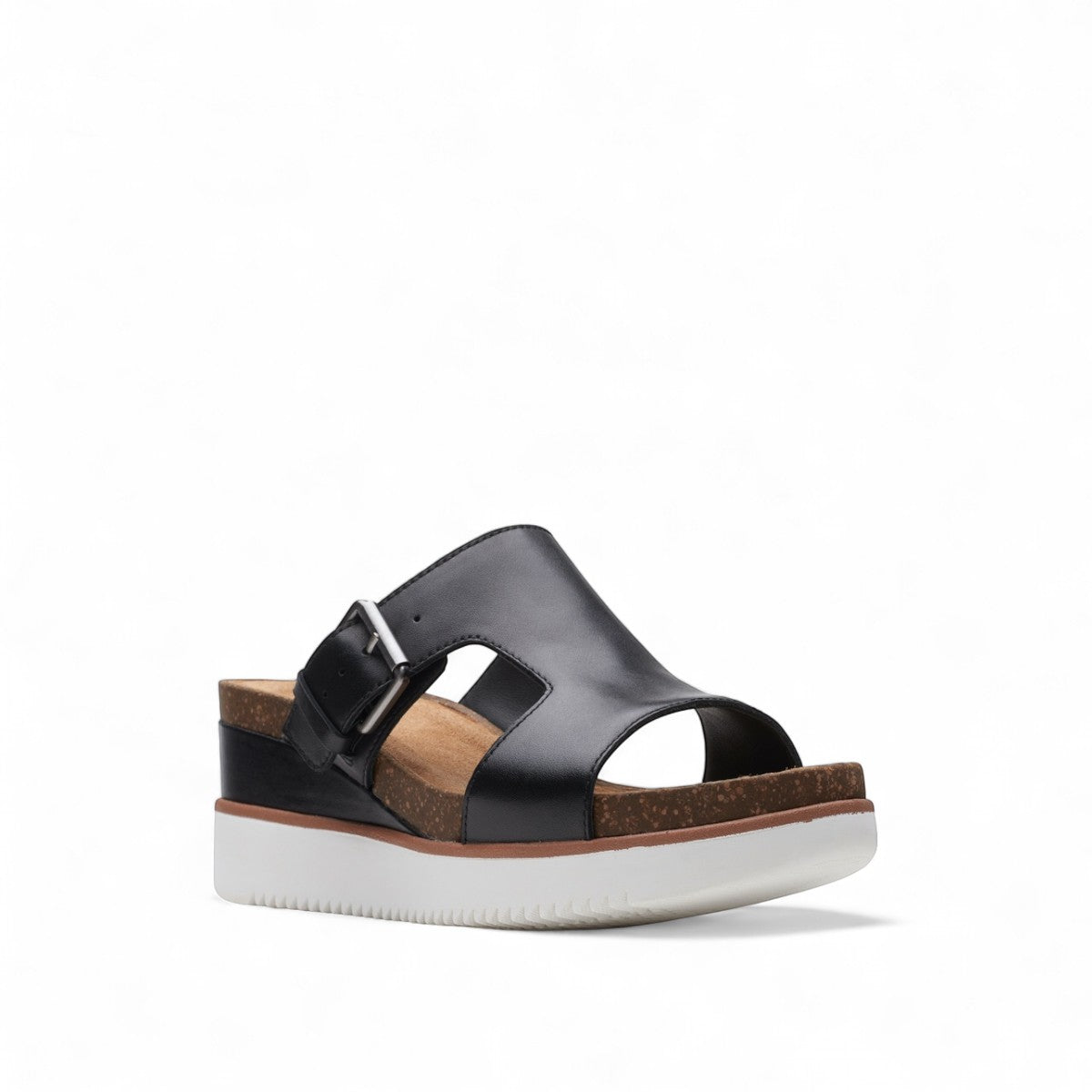 Clarks Lizby Ease black leather slide sandals with adjustable buckle and cork-effect wedge platform sole. right view.