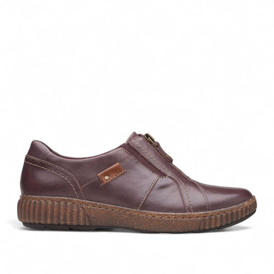 Clarks Magnolia Zip burgundy leather slip-on shoe with front zipper, padded collar, and textured sole. right view.