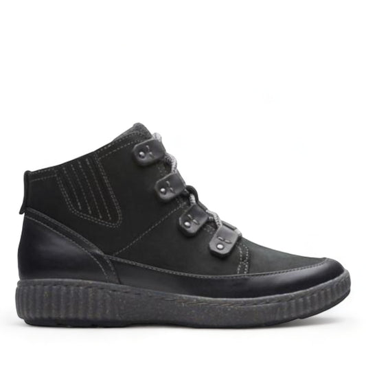 Clarks Magnolia Moon black leather ankle boot with lace-up detail, zip closure, and textured sole. right view.