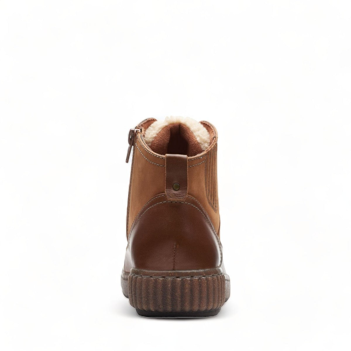Clarks Magnolia Moon dark tan leather ankle boot with side zip, stitch detailing, and textured sole. back view.
