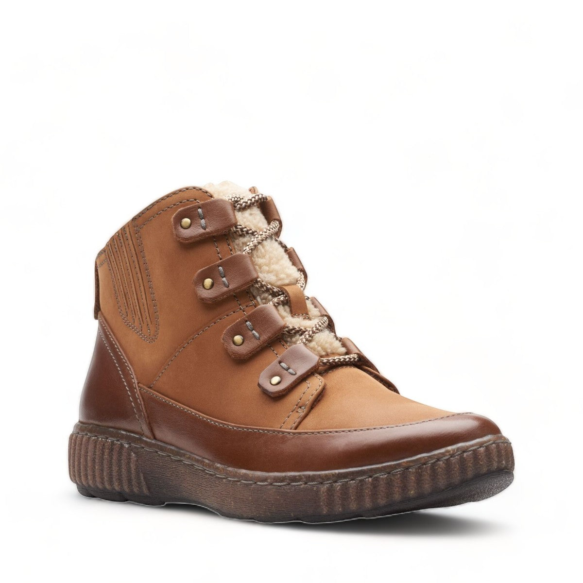 Clarks Magnolia Moon dark tan leather ankle boot with side zip, stitch detailing, and textured sole. front view.
