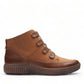 Clarks Magnolia Moon dark tan leather ankle boot with side zip, stitch detailing, and textured sole. right view.