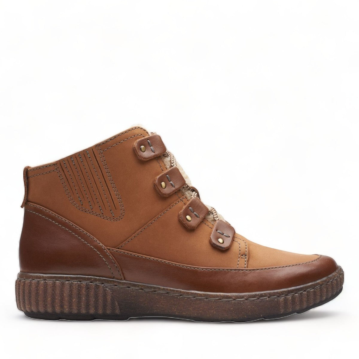 Clarks Magnolia Moon dark tan leather ankle boot with side zip, stitch detailing, and textured sole. right view.