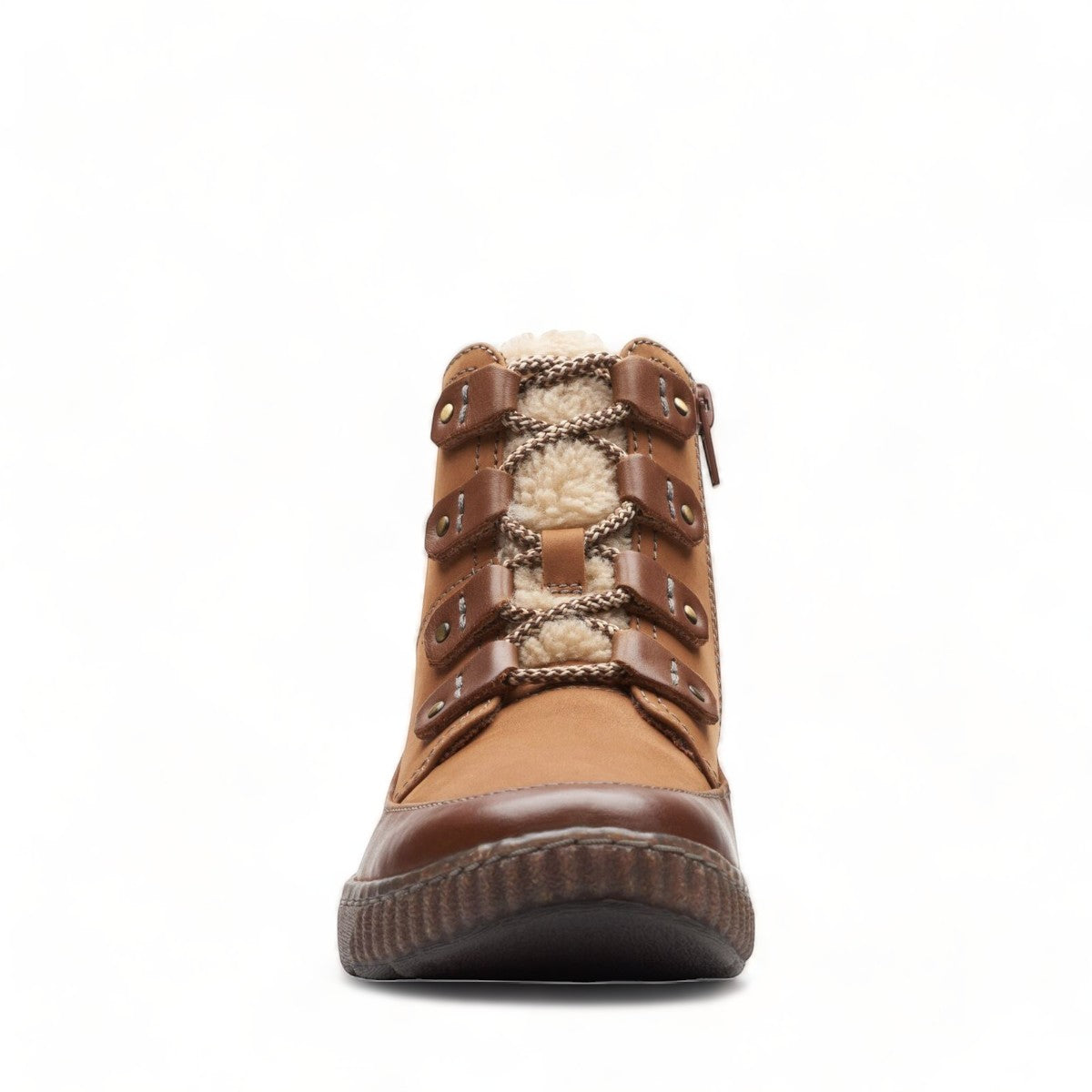Clarks Magnolia Moon dark tan leather ankle boot with side zip, stitch detailing, and textured sole. front view.