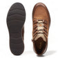 Clarks Magnolia Moon dark tan leather ankle boot with side zip, stitch detailing, and textured sole. top view.