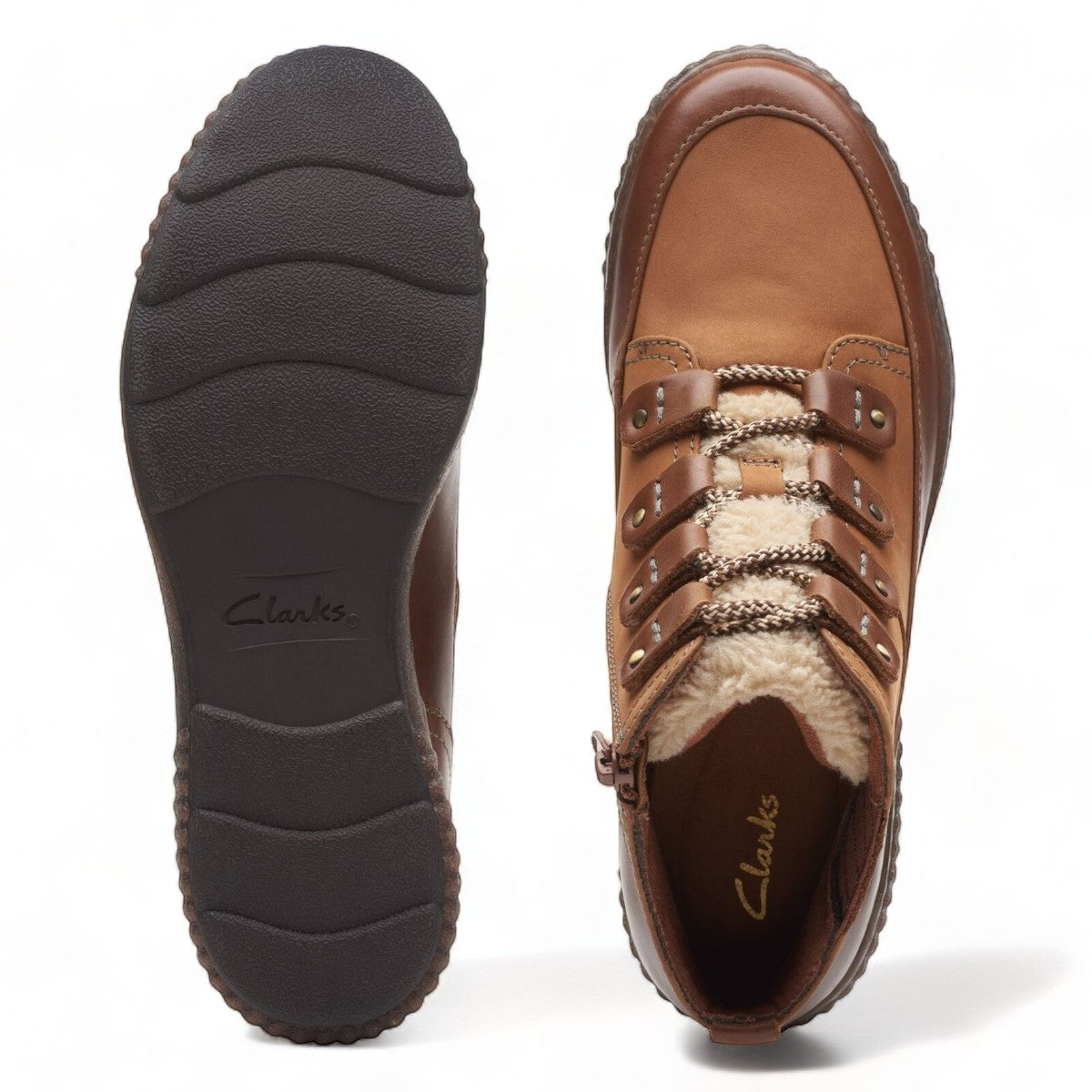 Clarks Magnolia Moon dark tan leather ankle boot with side zip, stitch detailing, and textured sole. top view.