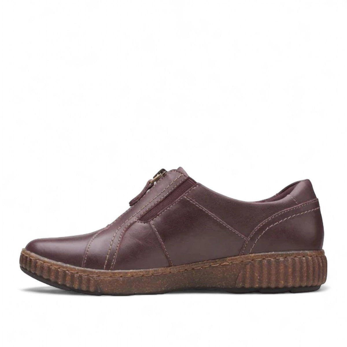 Clarks Magnolia Zip burgundy leather slip-on shoe with front zipper, padded collar, and textured sole. left view.