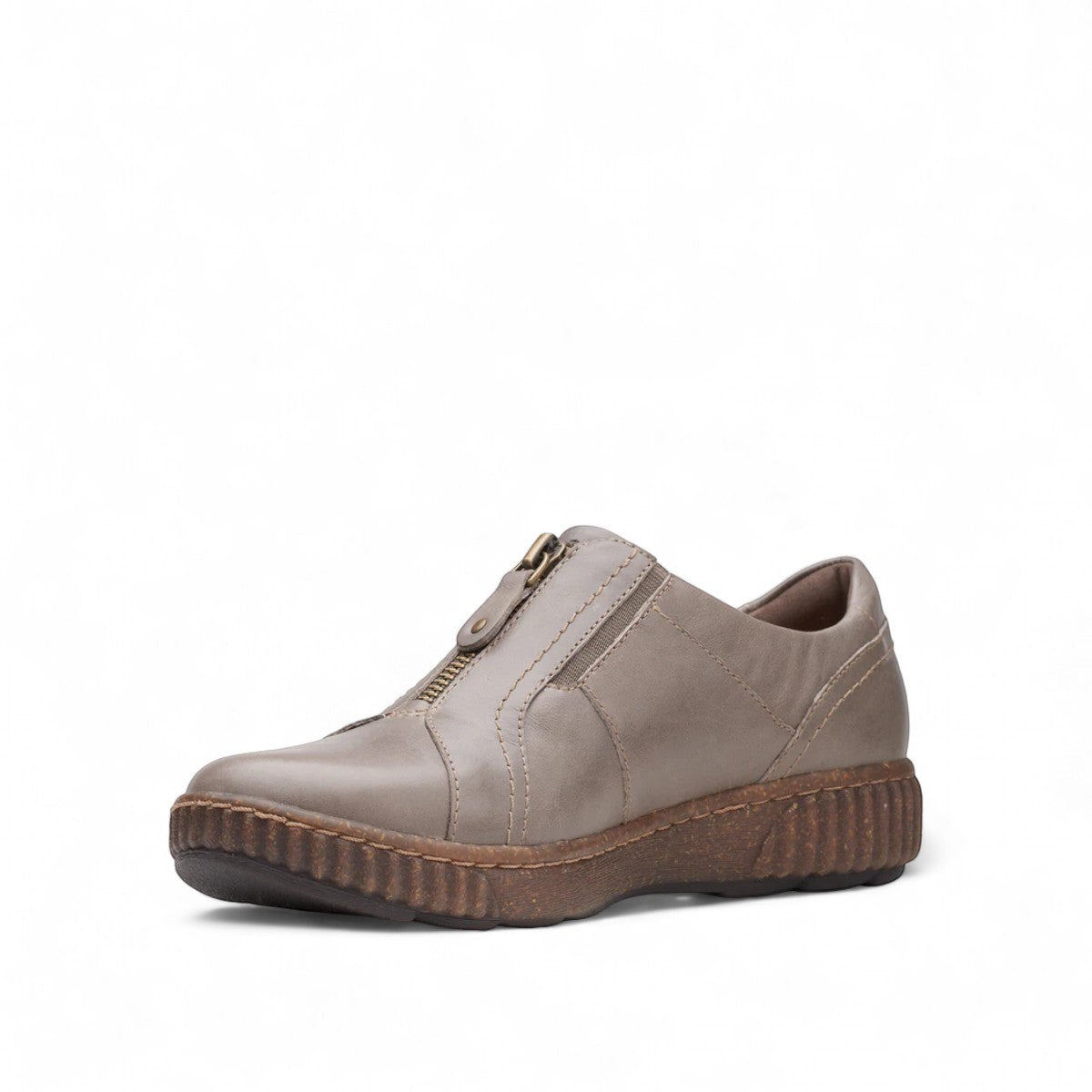 Clarks Magnolia Zip slip-on shoe in dark taupe leather with front zipper and textured cork-flecked sole. left view.
