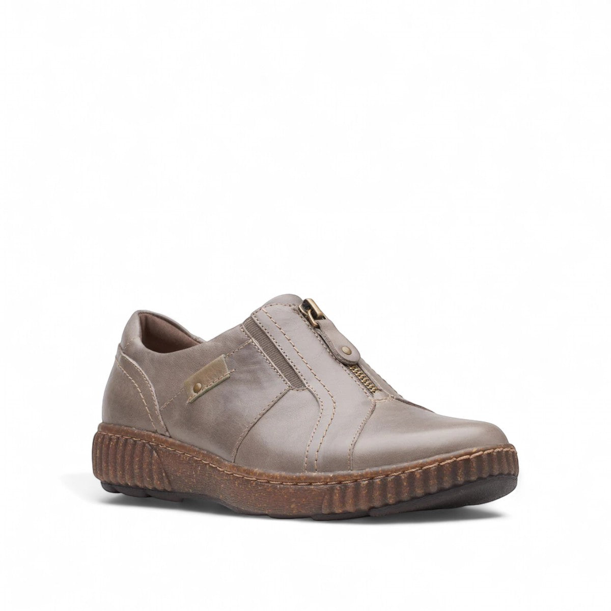 Clarks Magnolia Zip slip-on shoe in dark taupe leather with front zipper and textured cork-flecked sole. front view.