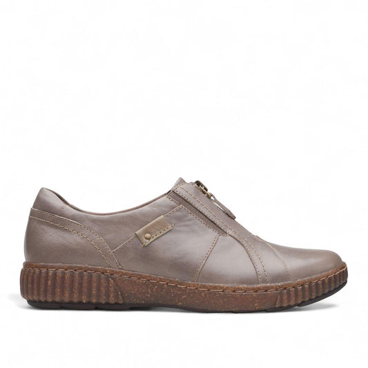 Clarks Magnolia Zip slip-on shoe in dark taupe leather with front zipper and textured cork-flecked sole. right view.