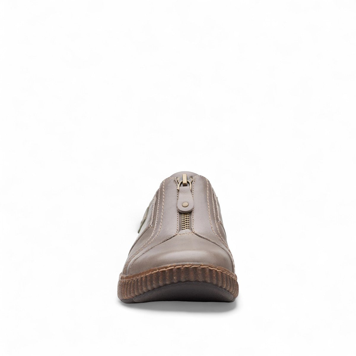 Clarks Magnolia Zip slip-on shoe in dark taupe leather with front zipper and textured cork-flecked sole. front view.