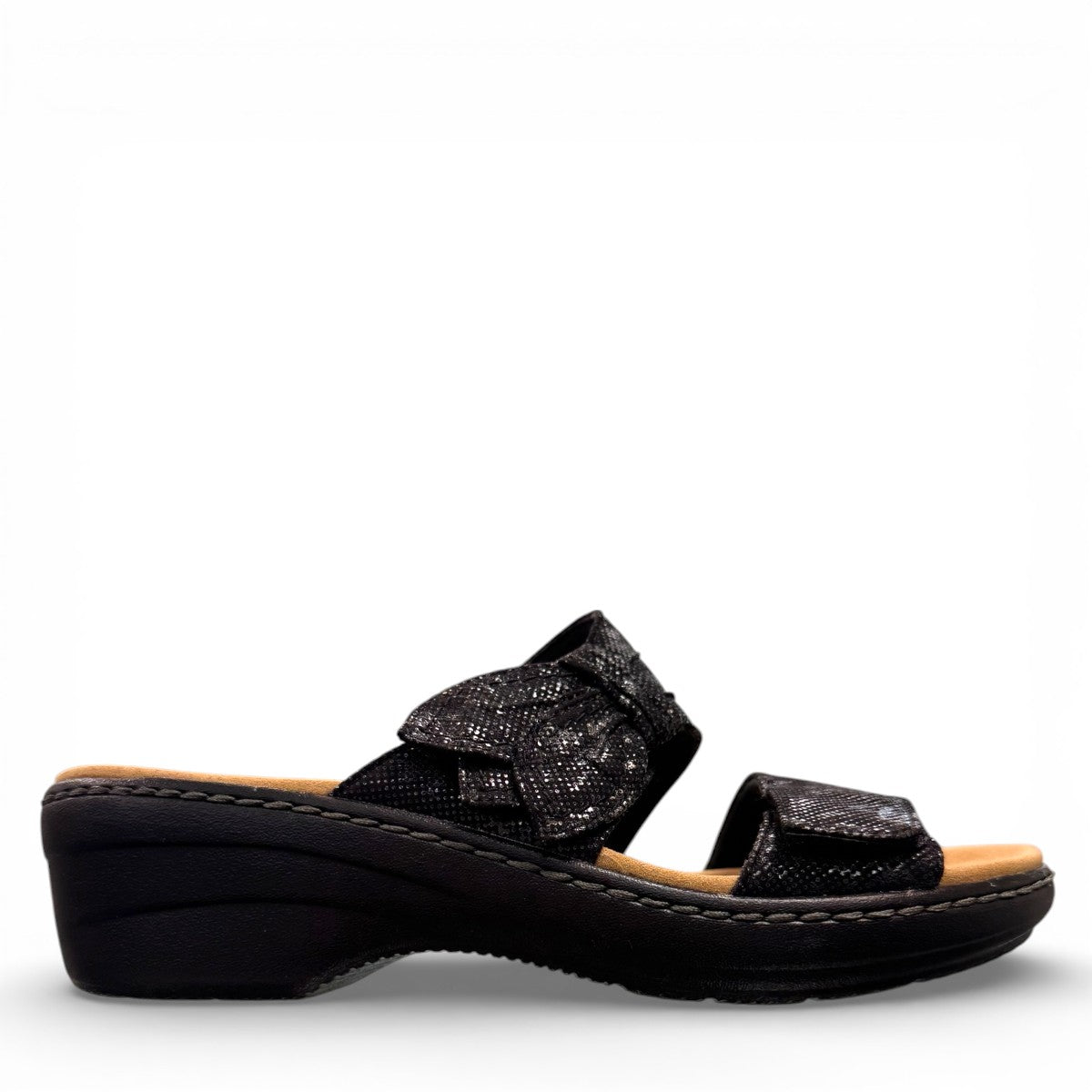 Clarks Merliah Charm black slide sandal with textile upper, and cushioned EVA sole. right view.