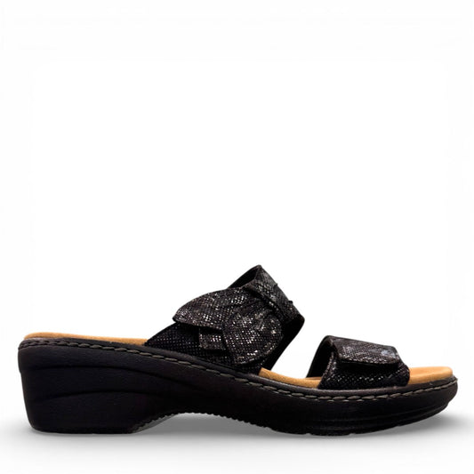 Clarks Merliah Charm black slide sandal with textile upper, and cushioned EVA sole. right view.