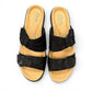 Clarks Merliah Charm black slide sandal with textile upper, and cushioned EVA sole. top view.