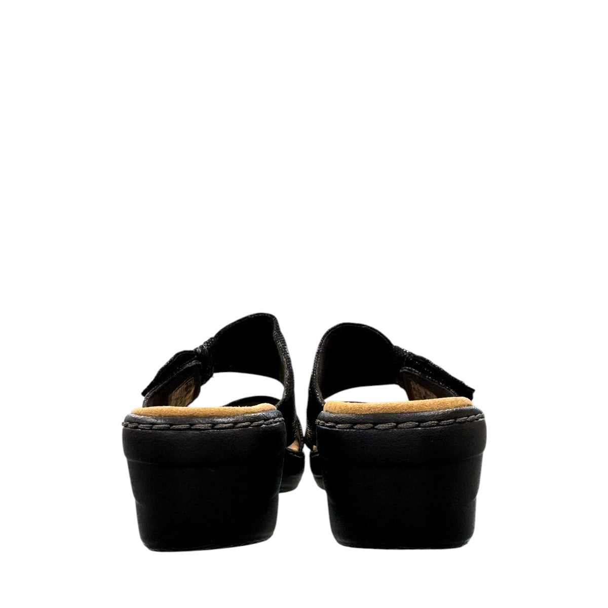 Clarks Merliah Charm black slide sandal with textile upper, and cushioned EVA sole. back view.
