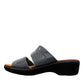 Clarks Merliah Charm blue grey slide sandal with adjustable straps, and cushioned sole. left view.