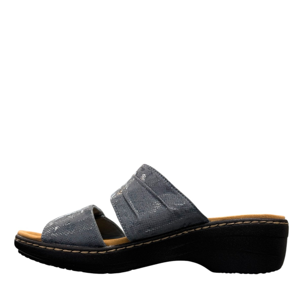 Clarks Merliah Charm blue grey slide sandal with adjustable straps, and cushioned sole. left view.