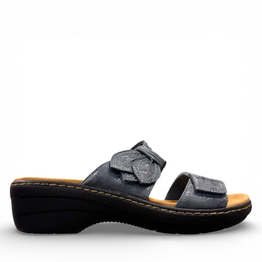 Clarks Merliah Charm blue grey slide sandal with adjustable straps, and cushioned sole. right view.