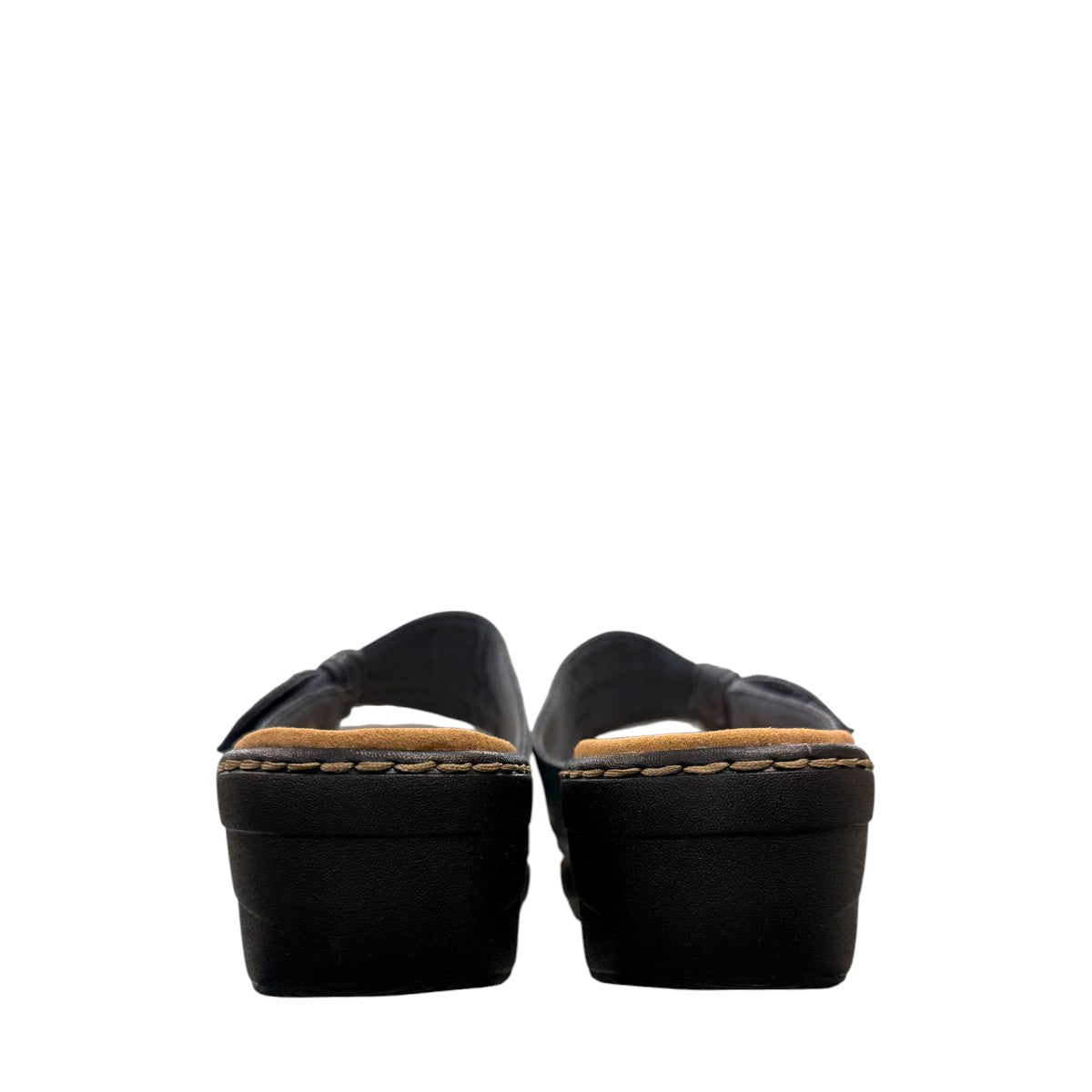 Clarks Merliah Charm blue grey slide sandal with adjustable straps, and cushioned sole. back view.
