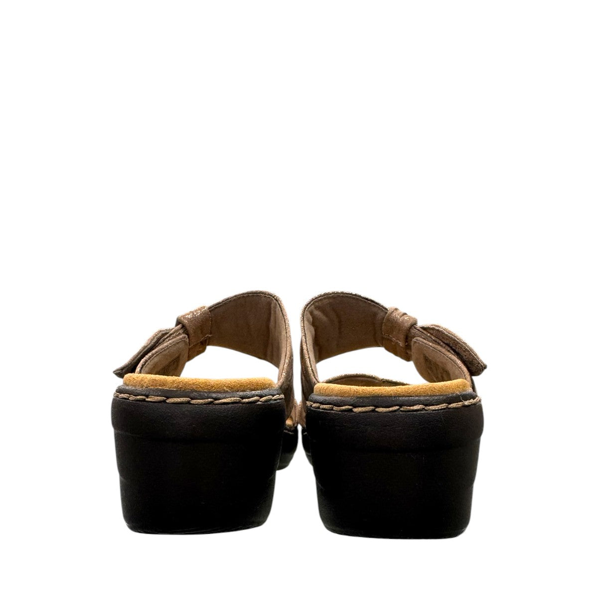 Clarks Merliah Charm taupe metallic slide sandal with adjustable grip tape closure. back view.