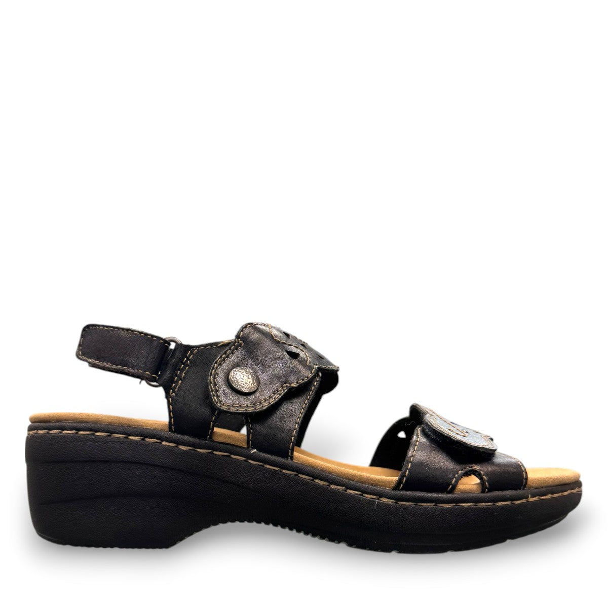 Clarks Merliah Dove black leather wedge sandals with adjustable straps and perforated detailing. right view.