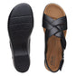 Clarks Merliah Echo black leather wedge sandals with riptape closure and cushioned footbed. top view.