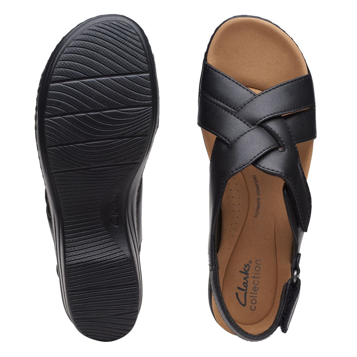 Clarks Merliah Echo black leather wedge sandals with riptape closure and cushioned footbed. top view.