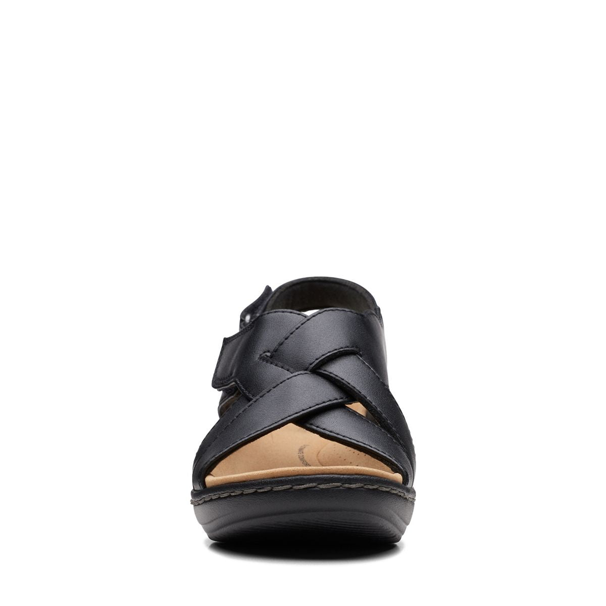 Clarks Merliah Echo black leather wedge sandals with riptape closure and cushioned footbed. front view.