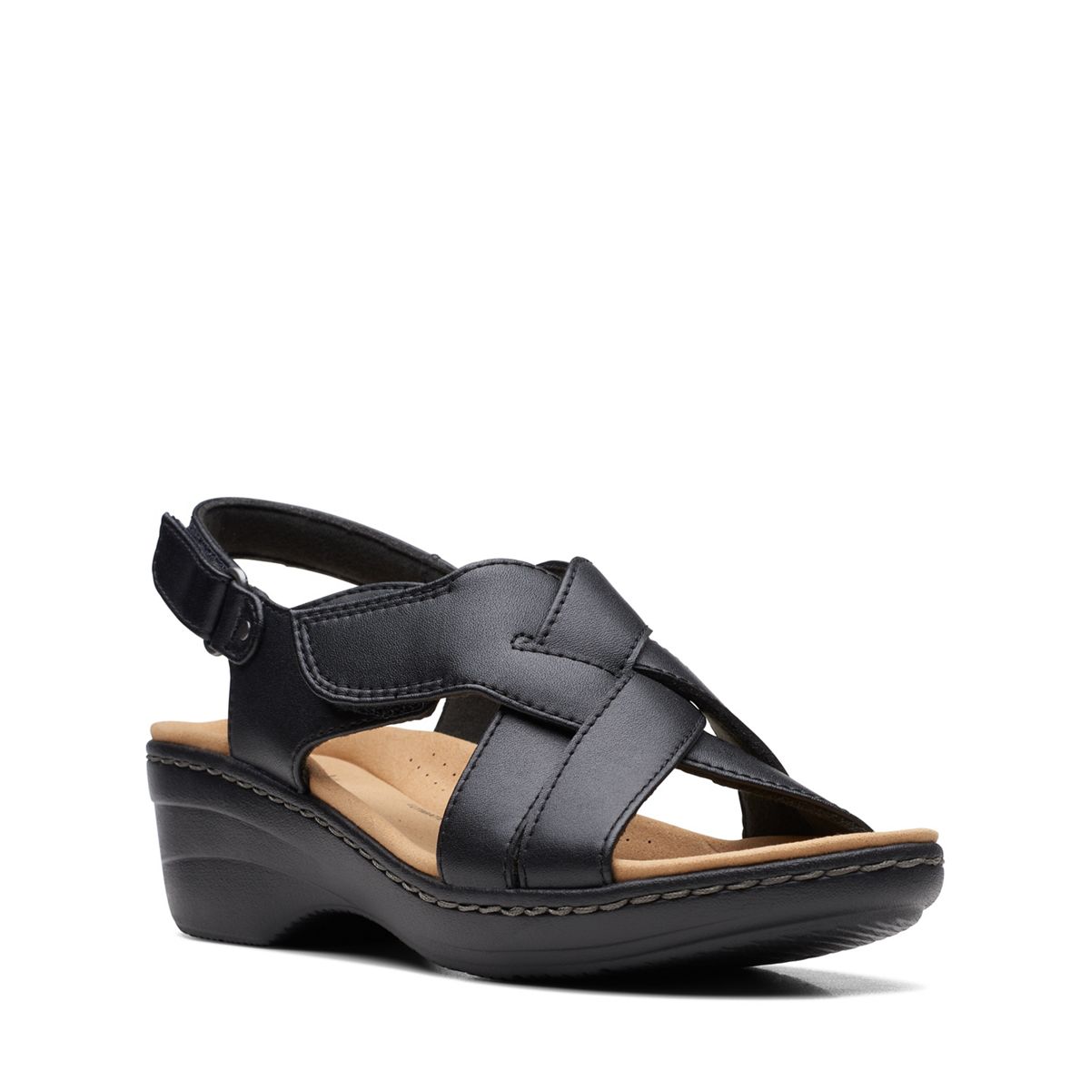 Clarks Merliah Echo black leather wedge sandals with riptape closure and cushioned footbed. front view.