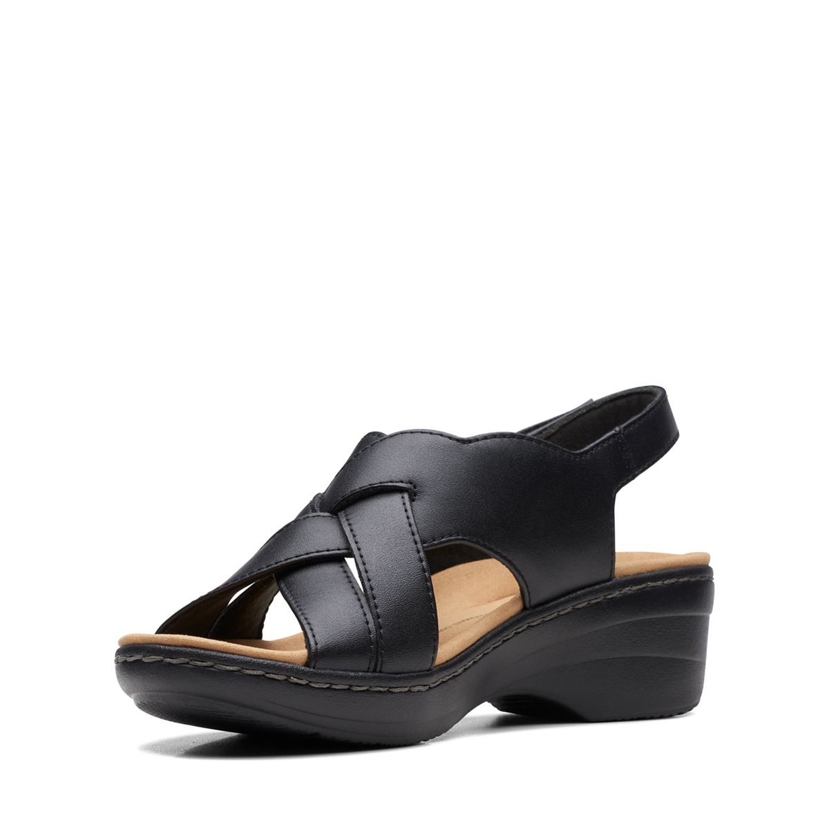 Clarks Merliah Echo black leather wedge sandals with riptape closure and cushioned footbed.left view.