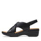 Clarks Merliah Echo black leather wedge sandals with riptape closure and cushioned footbed. left view.