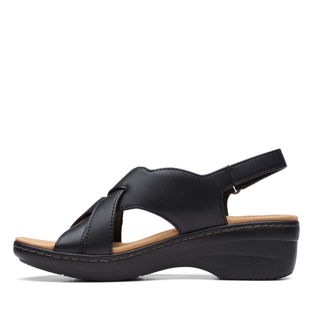 Clarks Merliah Echo black leather wedge sandals with riptape closure and cushioned footbed. left view.