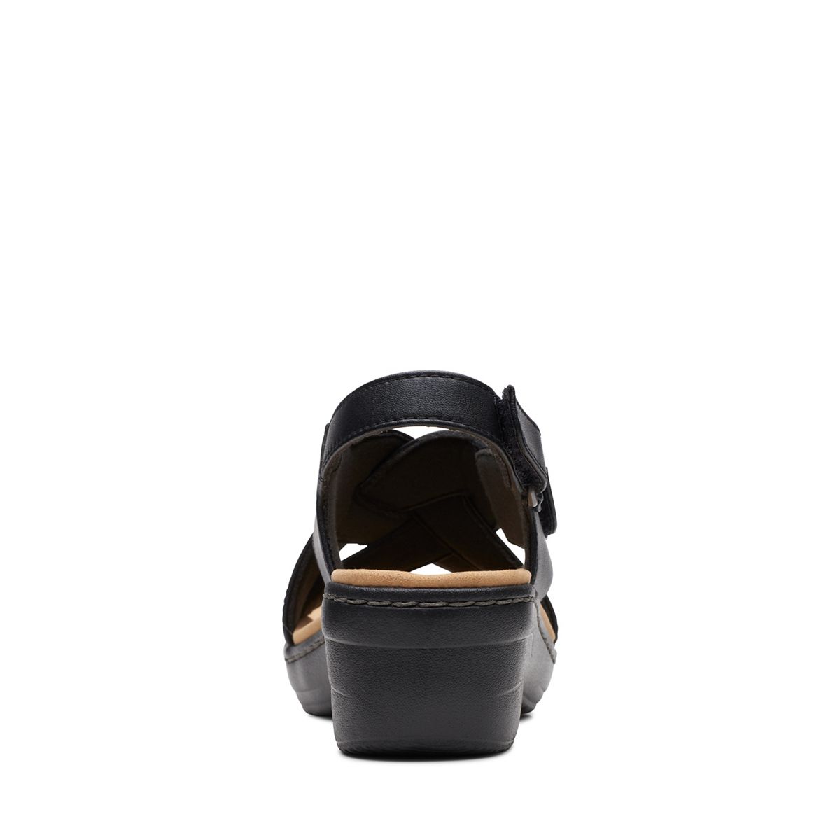 Clarks Merliah Echo black leather wedge sandals with riptape closure and cushioned footbed. back view.