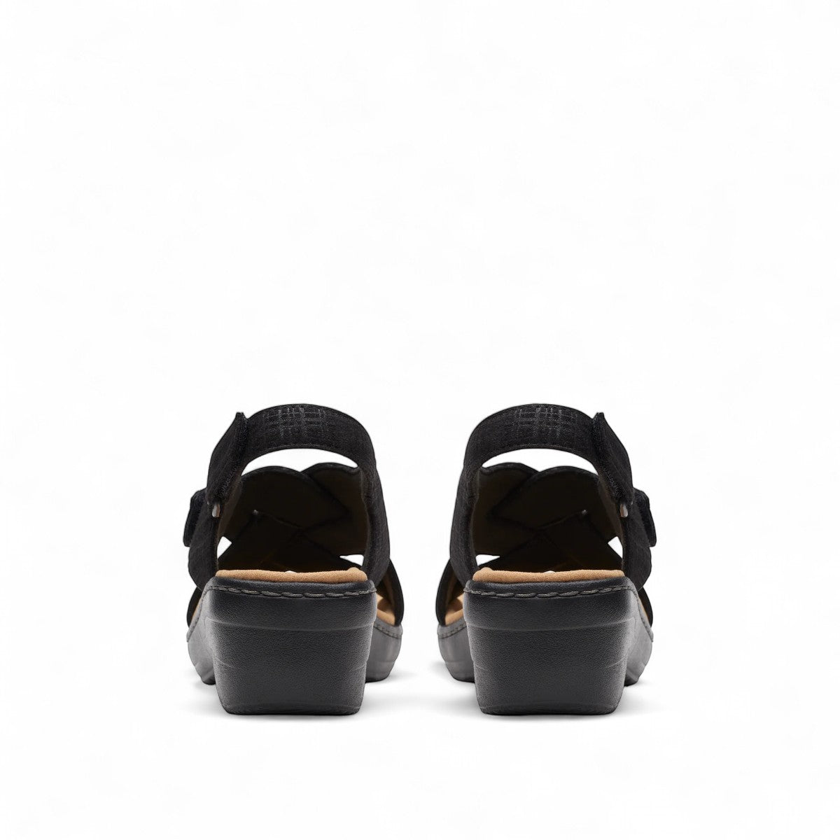 Clarks Merliah Echo black leather wedge sandal with cushioned footbed and riptape closure. back view.