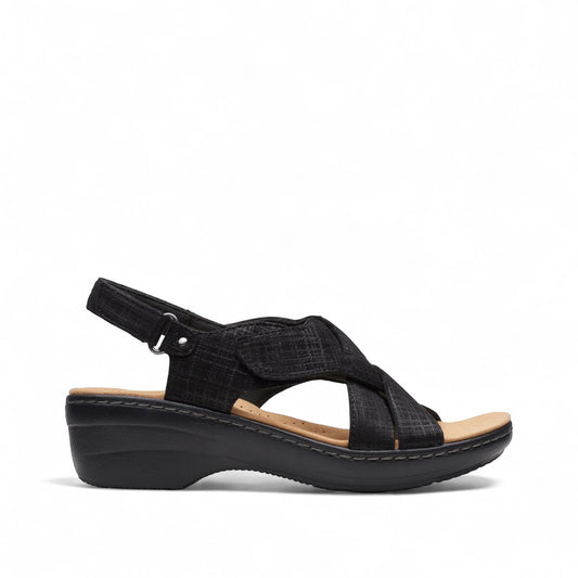 Clarks Merliah Echo black leather wedge sandal with cushioned footbed and riptape closure. right view.