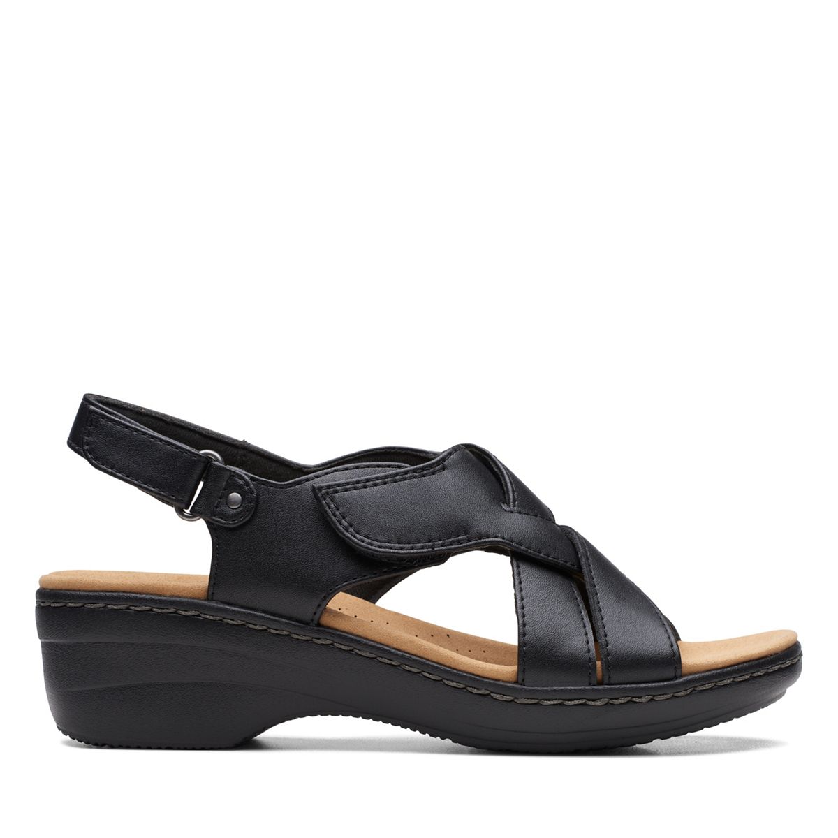 Clarks Merliah Echo black leather wedge sandals with riptape closure and cushioned footbed. right view.