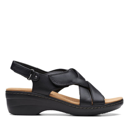Clarks Merliah Echo black leather wedge sandals with riptape closure and cushioned footbed. right view.