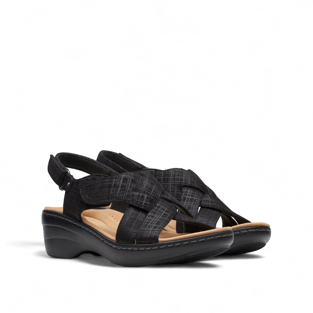 Clarks Merliah Echo black leather wedge sandal with cushioned footbed and riptape closure. front view.