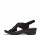 Clarks Merliah Echo black leather wedge sandal with cushioned footbed and riptape closure. left view.